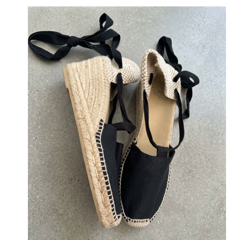 New La Manual Alpargatera Black Canvas Lace-Up Wedge Espadrilles Size US 9 EUR40